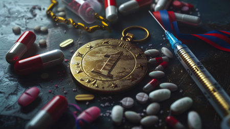 A gold medal with the number 1 on it is surrounded by a pack of pills and a syringe. The concept of achieving victory in sports through the use of doping and steroids. Close-upの素材