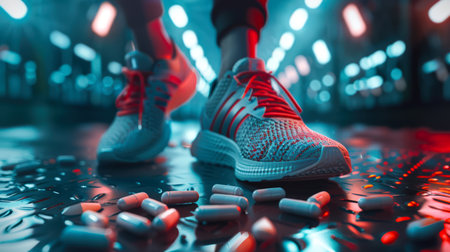 Close-up of an athlete's feet in stylish running shoes matching a pile of scattered pills. The concept of using steroids in big-time sports. Sports conceptの素材