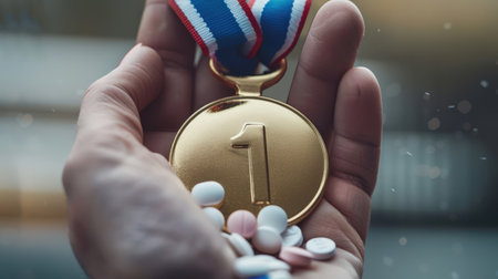 Olympic gold medalist. A close-up of a gold medal with a handful of different pills in his hand. The price of victory. The use of doping in big-time sports. The concept of winning the championshipの素材