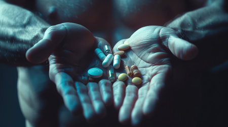 A man with a bare torso holds various pills, vitamins and painkillers in his hands. The concept of responsibility and taking care of your health. Doping - prohibited methods and drugs that can increase an athlete's enduranceの素材