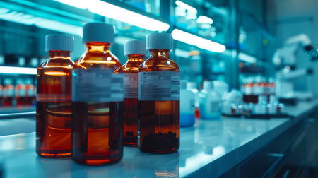 Development of new medicines, vaccines or steroids. There is a row of brown bottles with white lids on the table in the laboratory. The bottles are marked with numbers and letters and appear to be filled with a dark liquid.の素材