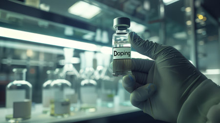 Close-up of a chemist in white medical gloves holding a bottle of dope. The bottle is in laboratory conditions. The use of steroids in sports. The scene is serious and focused.の素材