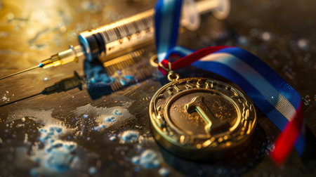 A gold medal with a ribbon and a syringe on the table. The medal is a symbol of achievement, and the syringe is a reminder of the pain and sacrifice that often accompany success. The dark side of sportsの素材