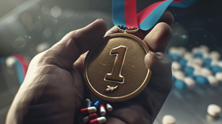 The Olympic medalist holds a gold medal and a handful of pills in his hand. Close-up. The price of victory. A sports concept. The doping scandalの素材