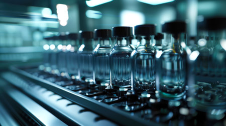 A row of glass bottles with black lids on a conveyor belt. Production of vaccines, doping, steroids and other medical drugs for injection. automated production. Medicine and healthcare.の素材