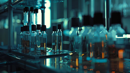 A scientific medical laboratory with many bottles of liquid on the table. Test tubes with athletes' doping test. The concept of medicine and health. Development of steroidsの素材