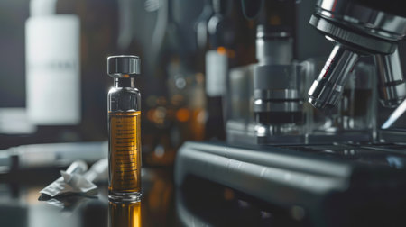 Development of steroids in the laboratory. There is a bottle of liquid on the table next to the microscope. The bottle is marked with many letters and numbers, and the table is littered with various objects. The concept of scientific curiosityの素材