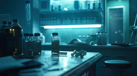 In the medical laboratory, there are various vials of medicines, doping, steroids and pills on the table. The scene is creepy and mysterious. Production of medicines. The dark side of sportsの素材