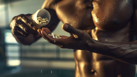 A sporty man with a bare torso and a muscular body pours pills from a bottle into his hand. Tablets in the form of yellow and white capsules. Doping to increase the strength and endurance of the bodyの素材