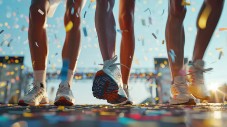 Three Olympic medalist athletes are walking to the podium. Confetti is falling all around them. The scene is festive and energetic. A sports concept.の素材