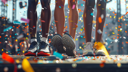 Three winners of the Olympic Games are standing on the award podium, and confetti is pouring around them. Close-up of the legs in the sneakers of three athletesの素材