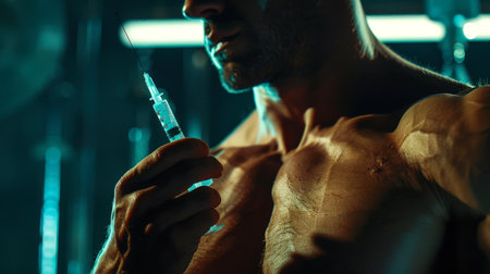 A gorgeous muscular athletic man holds a syringe with steroids in his hand. The syringe is filled with a clear liquid. The use of medicines to increase enduranceの素材