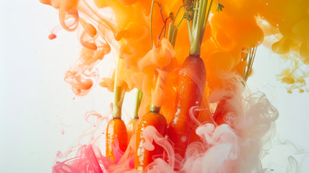 Several juicy orange carrots are visible in a thick colored smoke on a white background. A bunch of carrots floats in a cloud of white-pink-orange smoke. Carrots are suspended in the air. A natural product.の素材