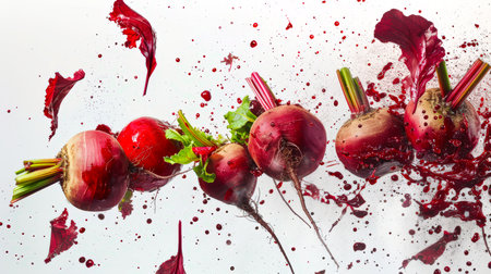 A pack of juicy red beetroot roots in drops of beet juice is flying in the air. A natural and healthy vegetable. A vegan diet. The image creates a feeling of chaos and movement. The concept of healthy nutrition and freshnessの素材