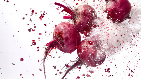 Beetroot explosion. Drops of beet juice and several glasses fly in different directions in the air on a white background. Beetroot in flour. A natural product. Food background. The vegan dietの素材
