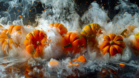 Pumpkin harvest. A bunch of striped pumpkins floats in a cloud of thick stylish white smoke. The scene is chaotic and surreal. Halloween concept. Thanksgiving day. A vegan natural product.の素材