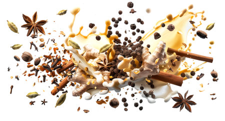 Masala tea is a drink native to the Indian subcontinent, obtained by brewing black tea with a mixture of Indian spices, herbs and milk. Close-up of cinnamon, ground Spanish pepper, cloves, cardamom, white pepper, nutmeg, chili pepper.の素材