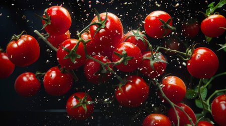 A sprig of tomato floats in the air on a black background sprinkled with salt and spices. The concept of healthy eating, freshness and abundance. A vegan diet. A natural productの素材