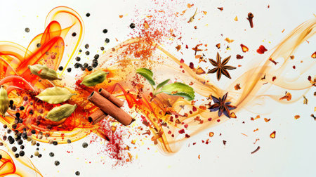 There are some spices for masala tea on the white table. A colorful swirl of spices and herbs in a colorful stylish smoke. The concept of energy and movement, as if the ingredients for masala tea are dancing in the air. Indian drinkの素材