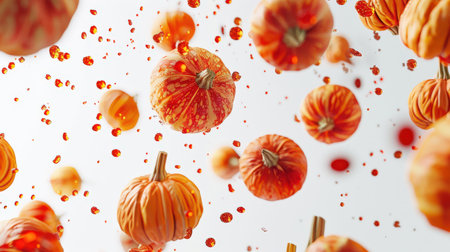 Orange pumpkins float in the air on a white background. A natural organic agricultural product. Food background. A vegan diet. The scene is bright and colorful, and the pumpkins create a feeling of joy and excitementの素材