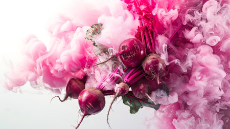 A bunch of beetroot peeks out from a thick white-pink stylish mystical smoke on a white background. beetroot roots with green tops surrounded by splashes of pink ink. Natural products. food backgroundの素材
