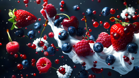 Colorful image of berries and milk floating in the air on a dark background. The scene is playful and funny. A healthier diet. A delicious healthy snack. Natural organic products. Food background. The vegan dietの素材