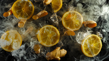 Detox drink. A healing mixture of lemon slices, ginger root and honey droplets hangs in the air in clouds of white smoke on a black background. A close-up of a bunch of lemons and ginger, from which steam is coming. food backgroundの素材