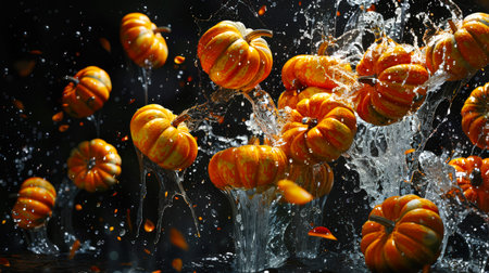 Several large orange pumpkins are washed under a powerful stream of water. A bunch of orange pumpkins falls into the water creating a lot of splashes and drops on a black background. The scene is lively and playfulの素材