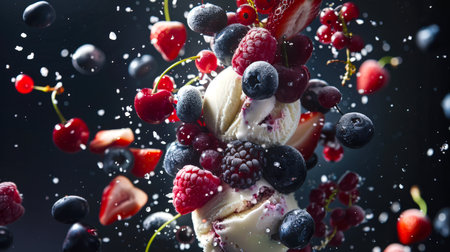 The dessert is a mixture of strawberries, blueberries and cherries. Two balls of vanilla ice cream float in the air with delicious fragrant berries. A close-up of a dessert with ice cream and berries.の素材