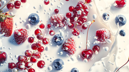 Smoothies with raspberries, blueberries, strawberries, cherries and red currants. Close-up of a milkshake with juicy ripe summer berries. Delicious dessert. A healthy snack. A healthier diet.の素材