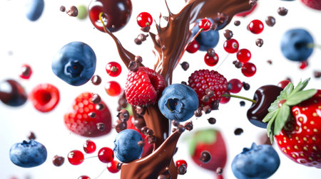 Berries in chocolate. Delicious dessert. Ripe juicy raspberries, strawberries, cherries, blueberries and red currants splash in splashes of thick milk chocolate in the air on a white background. Colorful berry saladの素材