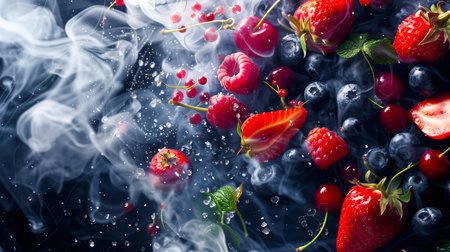 Close-up of various juicy berries, including strawberries, blueberries and raspberries in thick white smoke on a black background. The smoke gives the image a mysterious and magical mood. Healthy eating. Food background.の素材