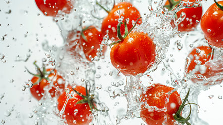 Juicy tomatoes are washed under clean water. A bunch of fresh red tomatoes splashes in drops of water on a white background. A vegan diet. Healthy eating. A natural organic product.の素材