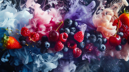 A colorful showcase with berries in mystical smoke on a black table. A natural organic product. Food background. Smoke can be purple, blue and pink.の素材