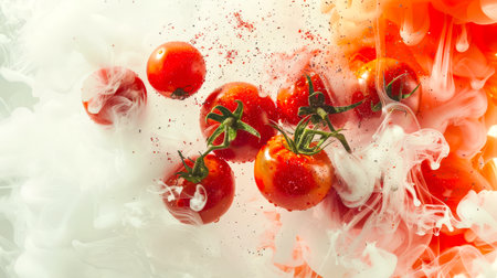 Close-up of a bunch of tomatoes with white-red fairy smoke. The concept of healthy eating. Tomatoes are surrounded by a white-red mystical mist. A vegan diet. A natural productの素材