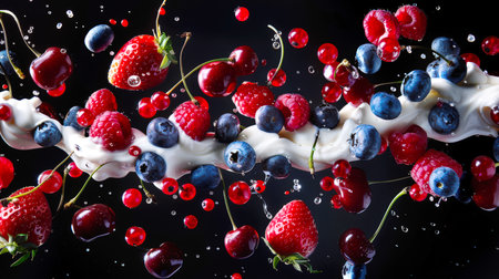 Whipped cream with delicious juicy ripe strawberries, blueberries, cherries, raspberries and red currants. Berry mix with natural yogurt. Food background. The scene is playful and bizarreの素材