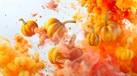 Juicy ripe orange pumpkins dance in a stylish yellow-orange thick smoke on a white background. The mood of the painting is chaotic and colorful. A natural organic product. food backgroundの素材