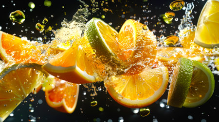 Pieces of oranges, limes and lemons are mixed with drops of honey in clear transparent water on a black background. The ingredients for the punch. The scene is playful and funny. Natural productsの素材