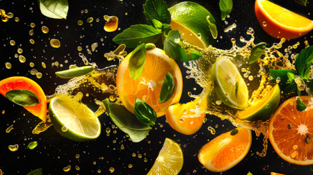 Juicy ripe fresh pieces of citrus fruits float in the air in drops of golden honey or lemonade on a black background. Close-up of a fruit salad with oranges and limes and mint leaves. The image feels bright and freshの素材