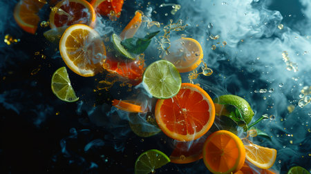 Slices and slices of orange, lime and lemon float in the air in drops of honey. Close-up of a bunch of citrus fruits shrouded in white steam on a black background. Preparation of a delicious punch drink. Natural productsの素材