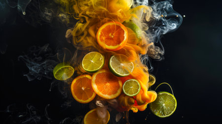 A bunch of slices of orange, lemon and lime floats in the air in thick colored smoke, creating a colorful and chaotic picture. The ingredients for the punch. A natural organic product. food backgroundの素材