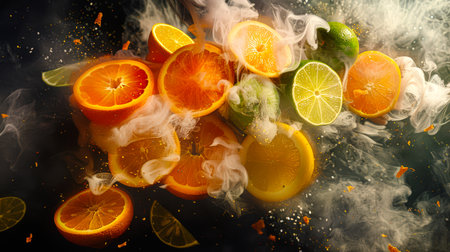A handful of oranges, lemons and limes mix with each other in a thick mystical white smoke on a black background. Pieces and slices of citrus fruits fly through the air. Natural organic products. The scene is chaotic and disorganizedの素材