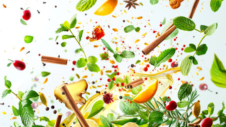 A set of aromatic herbs and spices for making a delicious healthy warming drink. A vibrant assortment of ingredients, including orange slices, cinnamon sticks and mint leaves. The concept of abundance and freshnessの素材