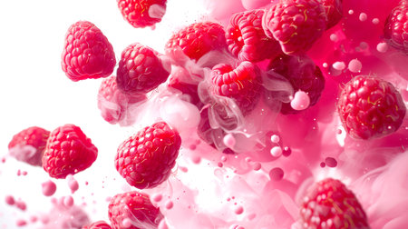 A sweet snack. Close-up of a handful of juicy red raspberries in pink thick smoke. Raspberries float in the air in a mystical setting. A natural organic product. Food background.の素材