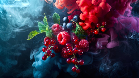 Raspberries, red currants and blueberries float in red-blue-purple smoke on a black background in the air. A delicious summer snack. A natural organic product. Food background. Healthy snackの素材
