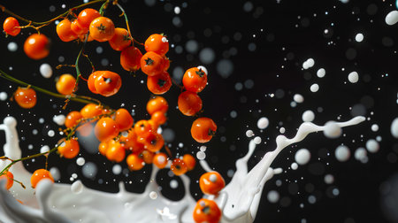 Milkshake with sea buckthorn. A delicious and healthy drink. a natural organic product. A branch with sea buckthorn berries falls into the milk, milk drops splash in all directions. Yummyの素材