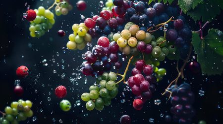Raindrops fall on the grapes. The berries of green and red grapes dance in the rain. Grape wine. a sweet and healthy snack. Healthy eatingの素材