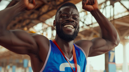 The happy muscular runner was the first to reach the finish line. Awarding the winner. A black man with a wide chest and a smile on his face is wearing a blue T-shirt. An active lifestyleの素材