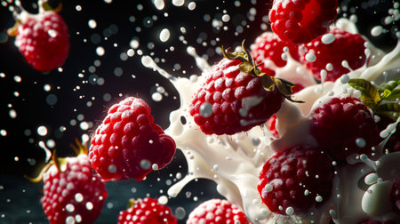 Close-up - raspberry bunches dancing with whipped cream. The concept of fun and fun when raspberries are thrown into milk. Delicious and sweet raspberry milkshake. Yummyの素材