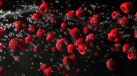 Close-up of a bunch of juicy red raspberries floating in a stream of bubbles on a black background. Washing raspberries in clear, clear water. A delicious natural snack.の素材